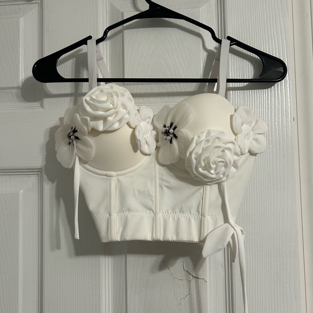 Elegant White Floral Embellished Women's Top